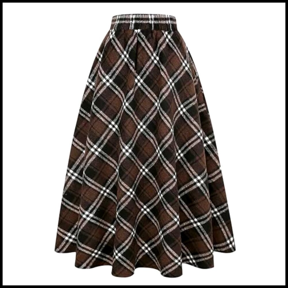 Long Plaid Wool Skirt High Waist A-Line Pleated Midi Tartan - Picture 3 of 6